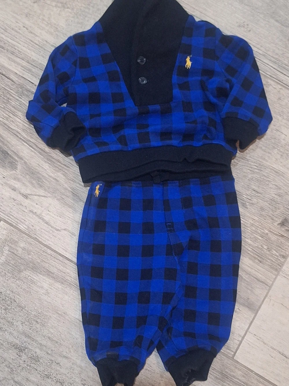 Ralph Lauren Baby Buffalo Plaid 2 Piece Set Blue Black 6M #2185